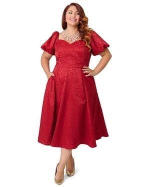Unique Vintage Plus Size Jacquard Sweetheart Swing Dress - Red