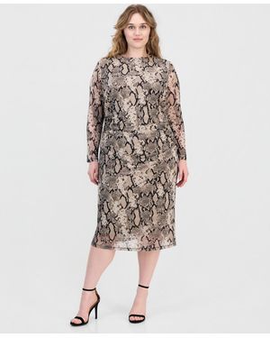 Anne Klein Nne Klein Plus Size Snake-print Shirred-waist Long-sleeve Midi Dress - Multicolor