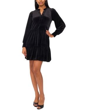 Msk Split-neck Blouson-sleeve Tiered Velvet Shift Dress - Black