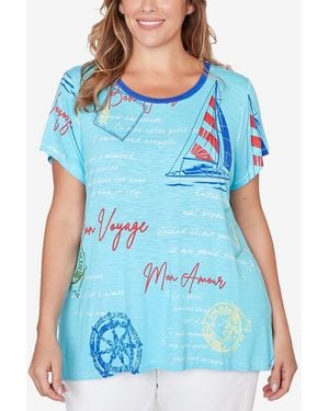 Ruby Rd. Plus Size Bon Voyage Trim Detail Graphic T-shirt - Blue