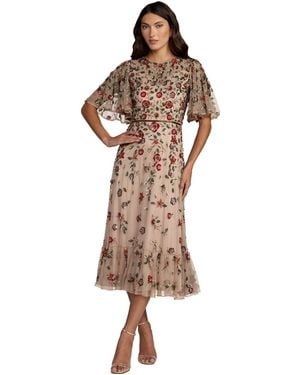 Mac Duggal Floral Embellished Flutter Sleeve Midi Dress - Brown