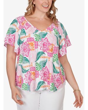 Ruby Rd. Plus Size Tropical Floral Eyelet Flutter Sleeve Top - Red