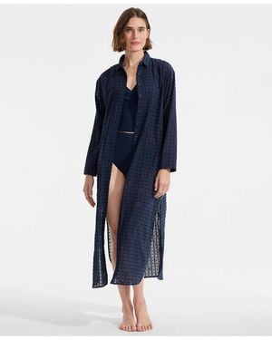 Lands' End Eyelet Button Down Maxi Cover-up Dress - Blue
