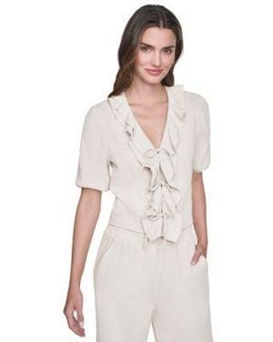 DKNY V Neck Short Puff Sleeve Tie Front Shirt - White