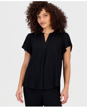 Anne Klein Essentials Petite Textured Tulip-sleeve Top - Black