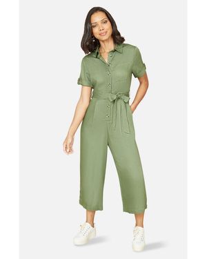 Yumi' Structured Belted Cropped Jumpsuit - Green
