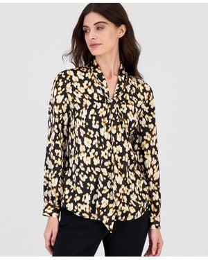 Kasper Tie-neck Long-sleeve Printed Blouse - Black