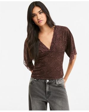 BarIII Dolman-sleeve V-neck Lace Blouse - Gray