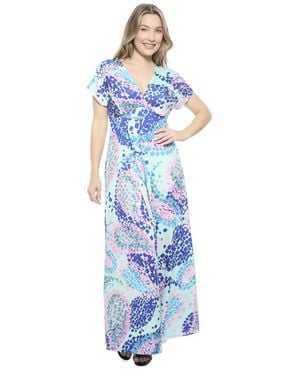 24seven Comfort Apparel Abstract V-neck Empire Waist Cap Sleeve Maxi Dress - Blue