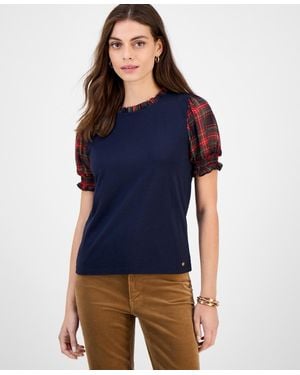Tommy Hilfiger Mixed-media Plaid Puff-sleeve Top - Blue