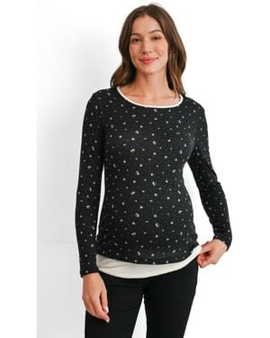 Hello Miss Maternity Floral-print Scoop Neck Fitted Long-sleeve Top - Black
