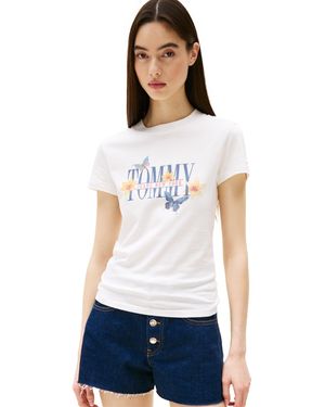 売れ筋商品|||トミーヒルフィガー カットソー トップス レディース Women's Cotton Slim Fit Tropics Graphic Tee Ecru Tommy Hilfiger Cotton Slim Fit Tropics Graphic Tee in White