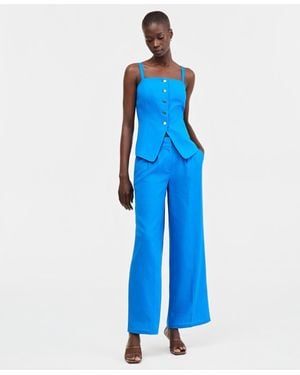 Tahari Linen-blend Wide-leg Pants - Blue