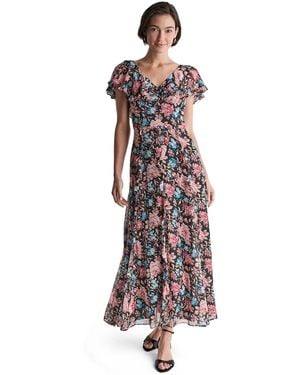 BCBGMAXAZRIA Printed Ruffle-sleeve V-neck Empire Maxi Dress - White