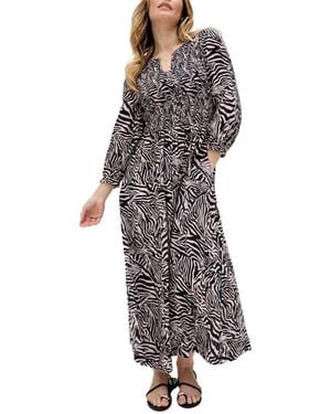 Raffya Paulina Shirred Bodice Zebra Print Maxi Dress - Black