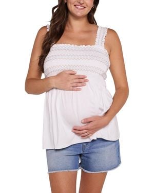 Motherhood Maternity Maternity Motherhood Smocked Embroidery Babydoll Tank - White