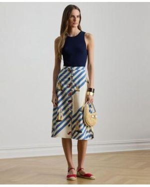 Ralph Lauren Print Button Front Crepe Skirt - Blue