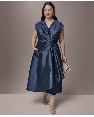 Donna Karan Plus Size Shantung Fit And Flare V-neck Wrap Dress - Blue