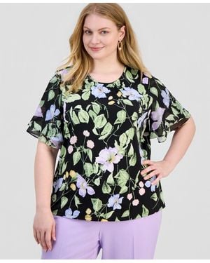Kasper Plus Size Floral-print Flutter-sleeve Top - Multicolor