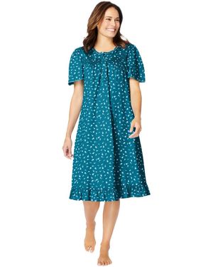 Dreams & Co. Plus Size Short Floral Print Cotton Gown - Blue