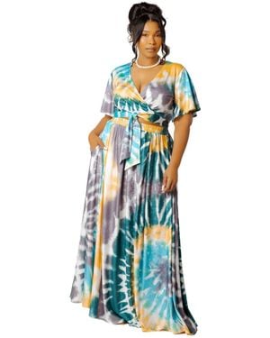 Buxom Couture Plus Size Tie-dye Tie-front Top And Skirt Set - Blue