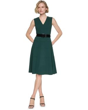 DKNY Petite Sleeveless V-neck A-line Dress - Green