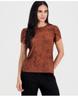 Anne Klein Essentials Petite Printed Crewneck Tulip-sleeve Top - Red