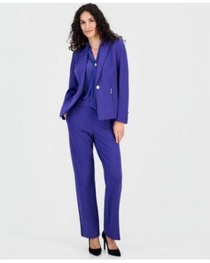 Kasper Notch Collar Blazer Tie Neck Sleeveless Blouse Audrey Pull On Straight Leg Pants - Blue