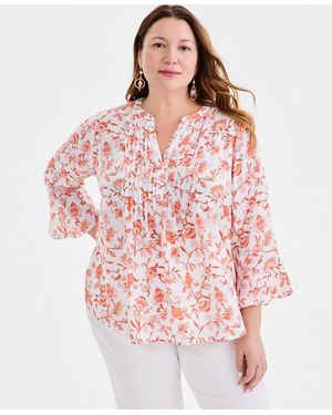 Style & Co. Plus Size Printed Pintuck Bell-sleeve Top - Pink