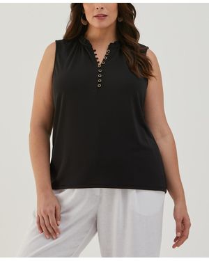 ELLA rafaella Plus Size Button Front Ruffle Sleeveless Tank Top - Black