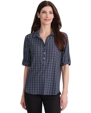 Jones New York Elbow Roll Cuff Geometric Polo - Blue