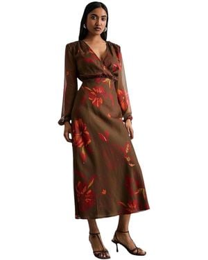 Warehouse Printed V Neck Tie Detail Midi Dress - Brown