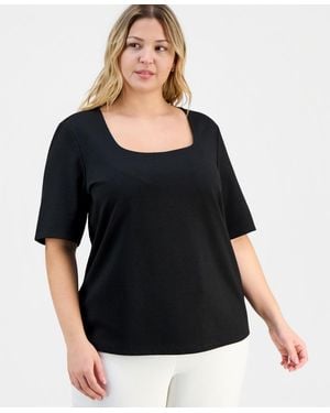 Kasper Trendy Plus Size Textured Square-neck Top - Black
