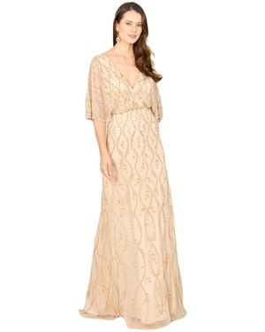 Lara Illusion Cape Sleeve Beaded Gown - Natural