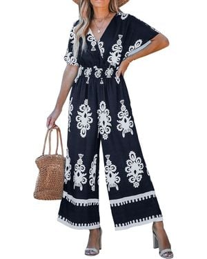 CUPSHE Navy Smocked Waist Wide Leg Jumpsuit - Blue