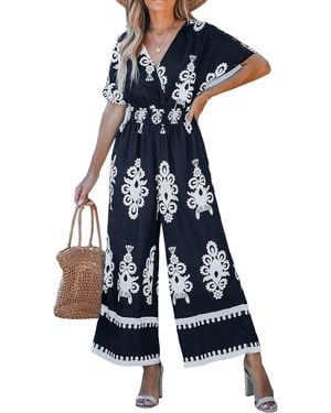 CUPSHE Navy Smocked Waist Wide Leg Jumpsuit - Blue
