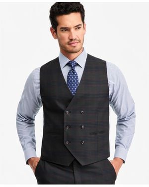 Tayion Collection Classic-fit Green Plaid Suit Separate Double-breasted Vest - Blue