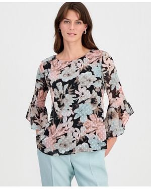 Kasper Floral Clip-dot 3/4-sleeve Top - Gray