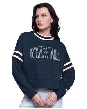 Starter Wo  Navy Milwaukee Brewers Power Play Cropped Pullover Sweatshirt - Blue