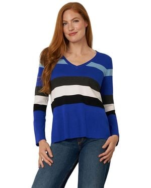 Cable & Gauge Texture Stripe Striped V-neck Long-sleeve Sweater - Blue