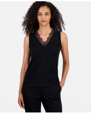 Anne Klein Lace-trim-v-neck Tank Top - Black
