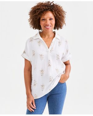 Style & Co. Cotton Gauze Collared Popover Top - White