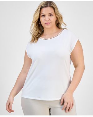 Kasper Plus Size Beaded-neck Cap-sleeve Knit Top - White