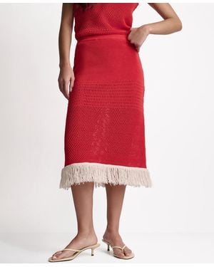BCBGMAXAZRIA Fringe Pointelle A-line Midi Skirt - Red