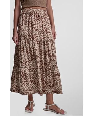 DKNY Printed Elastic Waist Tiered Satin Skirt - Brown