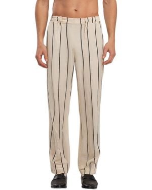 Pcfg Striped Silk & Linen Blend Two-zip Pants - Natural