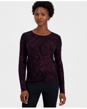 INC International Concepts Petite Paisley Long-sleeve Crewneck Sweater - Blue