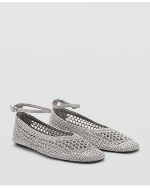 Mango Ankle Strap Crocheted Ballet Flats - White