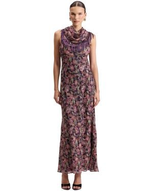 Avec Les Filles Floral Cowl Neck Fringe Cape Scarf Maxi Dress - Red