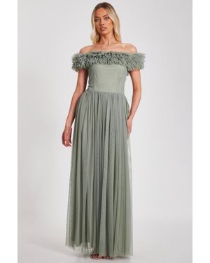Quiz Mesh Ruffle Bardot Maxi Dress - White